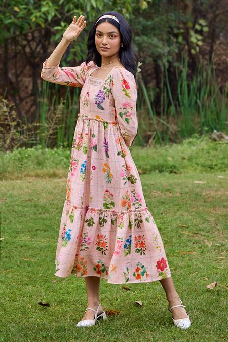 Buy_Pozruh By Aiman_Peach Hemp Square Neck Sansa Checkered Floral Print Dress 