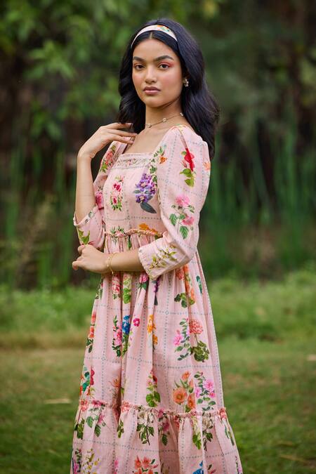 Shop_Pozruh By Aiman_Peach Hemp Square Neck Sansa Checkered Floral Print Dress 