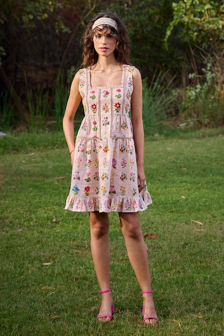 Pozruh By Aiman_Peach Hemp Embroidery Square Neck Barbara Floral Print Mini Dress _Online_at_Aza_Fashions