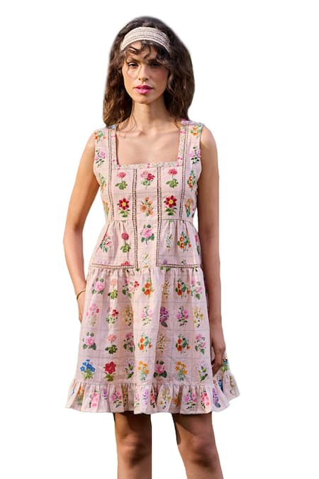 Buy Pozruh By Aiman Peach Hemp Embroidery Square Neck Barbara Floral Print Mini Dress Online at Aza Fashions Buy_Pozruh By Aiman_Peach Hemp Embroidery Square Neck Barbara Floral Print Mini Dress _Online_at_Aza_Fashions