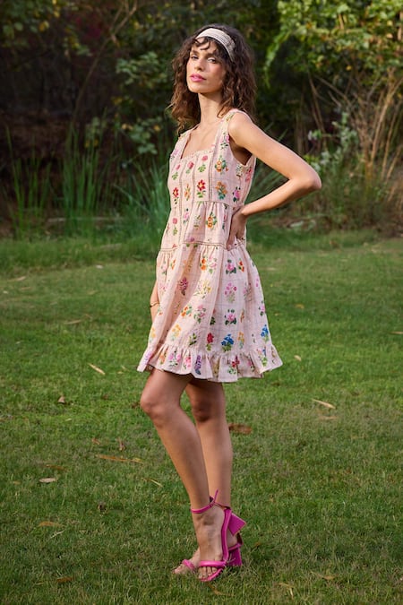 Shop_Pozruh By Aiman_Peach Hemp Embroidery Square Neck Barbara Floral Print Mini Dress _Online_at_Aza_Fashions