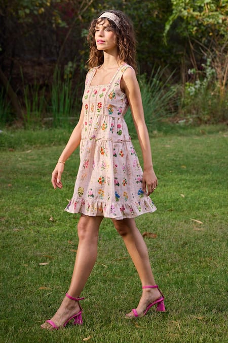 Pozruh By Aiman_Peach Hemp Embroidery Square Neck Barbara Floral Print Mini Dress _at_Aza_Fashions
