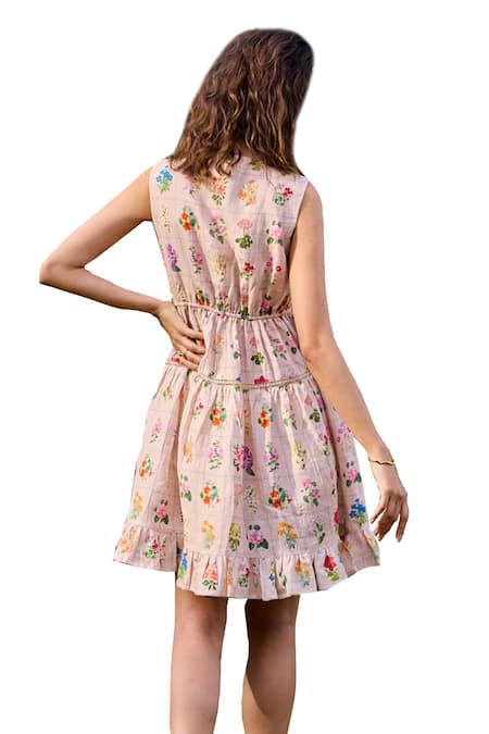 Buy Pozruh By Aiman Peach Hemp Embroidery Square Neck Barbara Floral Print Mini Dress Buy_Pozruh By Aiman_Peach Hemp Embroidery Square Neck Barbara Floral Print Mini Dress