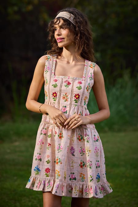 Shop_Pozruh By Aiman_Peach Hemp Embroidery Square Neck Barbara Floral Print Mini Dress 
