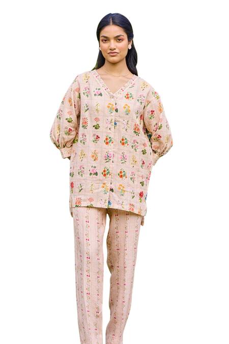 Pozruh By Aiman_Peach Hemp Embroidery V-neck Freida Printed High-low Top _Online_at_Aza_Fashions