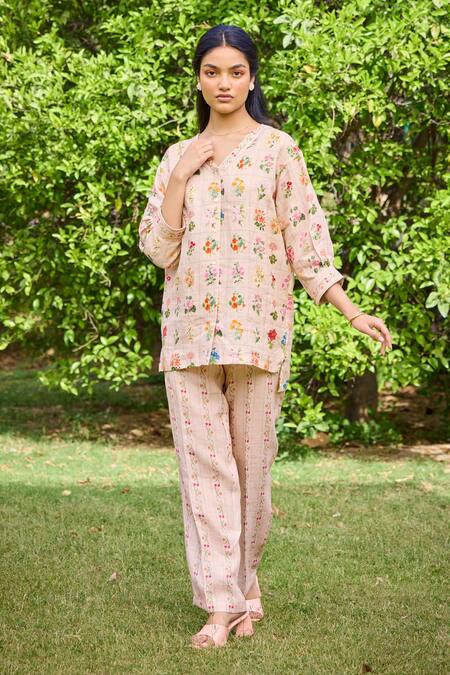 Shop_Pozruh By Aiman_Peach Hemp Embroidery V-neck Freida Printed High-low Top _Online_at_Aza_Fashions