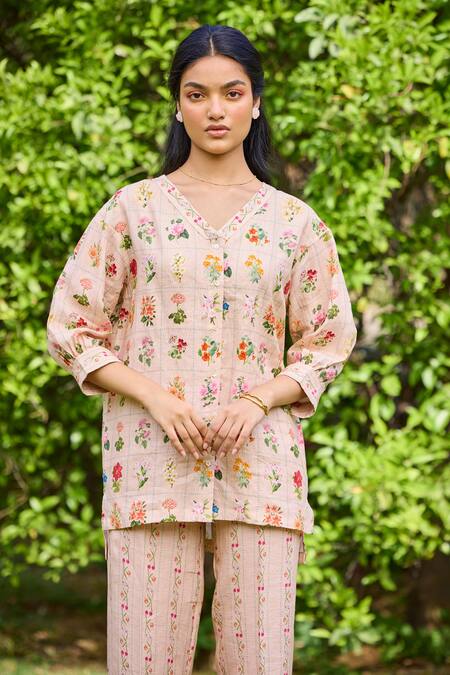 Pozruh By Aiman_Peach Hemp Embroidery V-neck Freida Printed High-low Top _at_Aza_Fashions