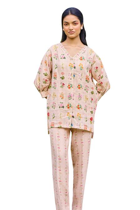 Pozruh By Aiman_Peach Hemp Embroidery V-neck Freida Printed High-low Top With Pant _Online_at_Aza_Fashions