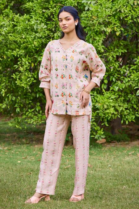 Pozruh By Aiman_Peach Hemp Embroidery V-neck Freida Printed High-low Top With Pant _at_Aza_Fashions
