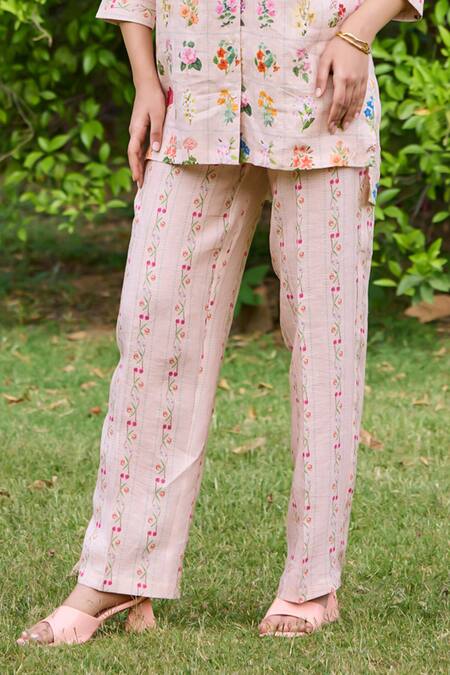 Buy_Pozruh By Aiman_Peach Hemp Embroidery V-neck Freida Printed High-low Top With Pant 