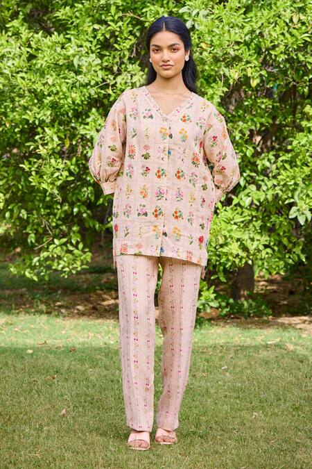Pozruh By Aiman_Peach Hemp Freida Floral Print Pant _Online_at_Aza_Fashions