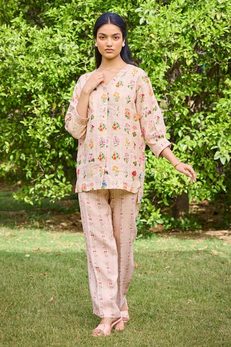 Shop_Pozruh By Aiman_Peach Hemp Freida Floral Print Pant _Online_at_Aza_Fashions