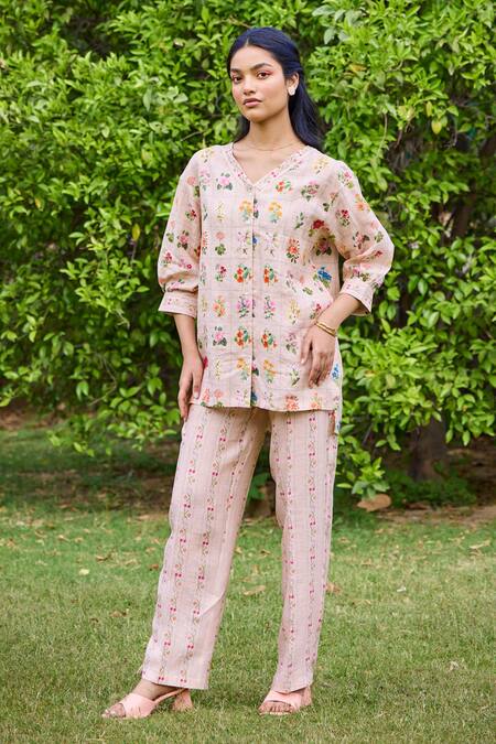 Pozruh By Aiman Peach Hemp Freida Floral Print Pant at Aza Fashions Pozruh By Aiman_Peach Hemp Freida Floral Print Pant _at_Aza_Fashions