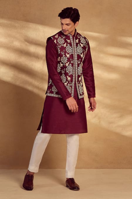 Shop_Aariyana Couture_Maroon Silk, Polyester Embroidery Animal Pattern Bundi Kurta Set _Online_at_Aza_Fashions