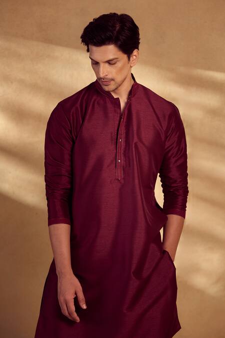 Shop_Aariyana Couture_Maroon Silk, Polyester Embroidery Animal Pattern Bundi Kurta Set 