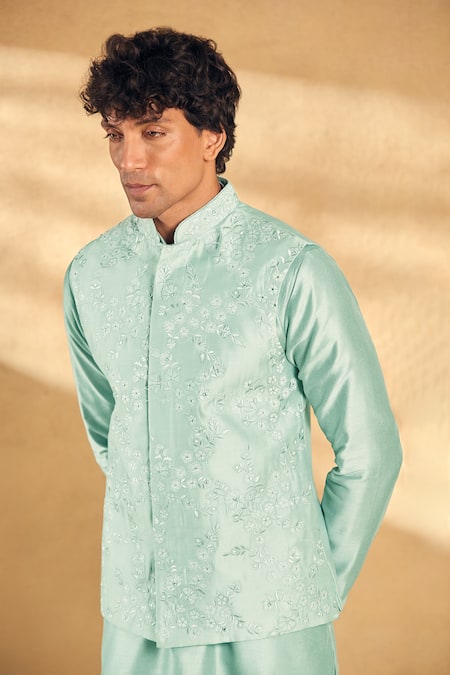 Shop Aariyana Couture Aqua Silk, Polyester Embroidery Floral Vine Kurta Set Online at Aza Fashions Shop_Aariyana Couture_Aqua Silk, Polyester Embroidery Floral Vine Kurta Set _Online_at_Aza_Fashions