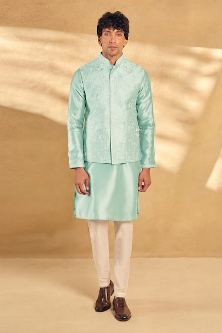 Aariyana Couture Aqua Silk, Polyester Embroidery Floral Vine Kurta Set at Aza Fashions Aariyana Couture_Aqua Silk, Polyester Embroidery Floral Vine Kurta Set _at_Aza_Fashions