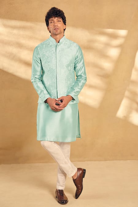 Shop Aariyana Couture Aqua Silk, Polyester Embroidery Floral Vine Kurta Set Shop_Aariyana Couture_Aqua Silk, Polyester Embroidery Floral Vine Kurta Set
