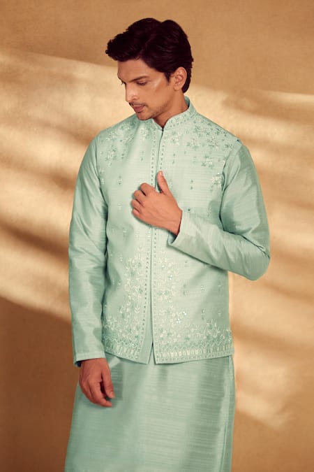 Buy Aariyana Couture Green Silk, Polyester Embroidery, Mirrors Floral Bundi Kurta Set Buy_Aariyana Couture_Green Silk, Polyester Embroidery, Mirrors Floral Bundi Kurta Set