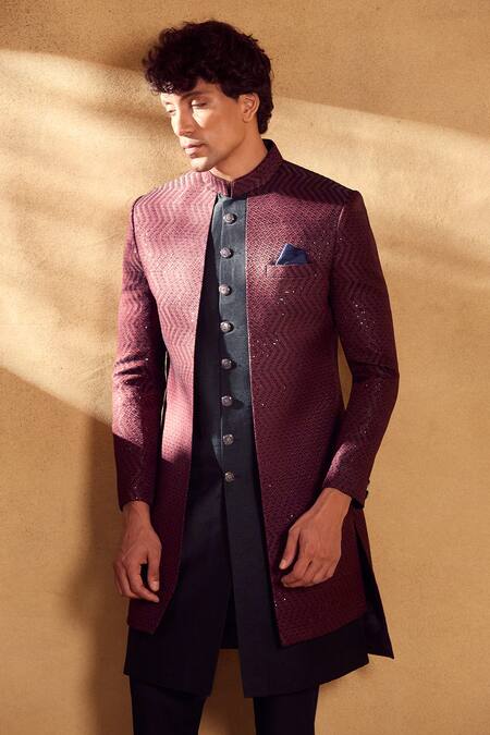 Aariyana Couture_Maroon Silk, Polyester Sequins Chevron Embroidered Sherwani With Pant_Online_at_Aza_Fashions