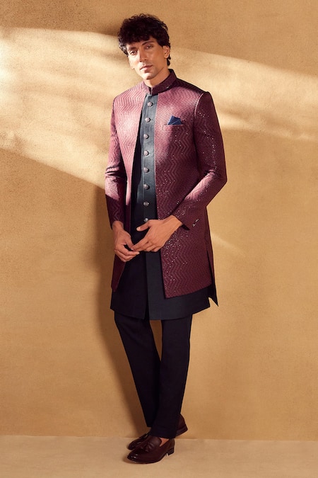 Buy_Aariyana Couture_Maroon Silk, Polyester Sequins Chevron Embroidered Sherwani With Pant_Online_at_Aza_Fashions