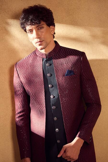 Shop_Aariyana Couture_Maroon Silk, Polyester Sequins Chevron Embroidered Sherwani With Pant_Online_at_Aza_Fashions