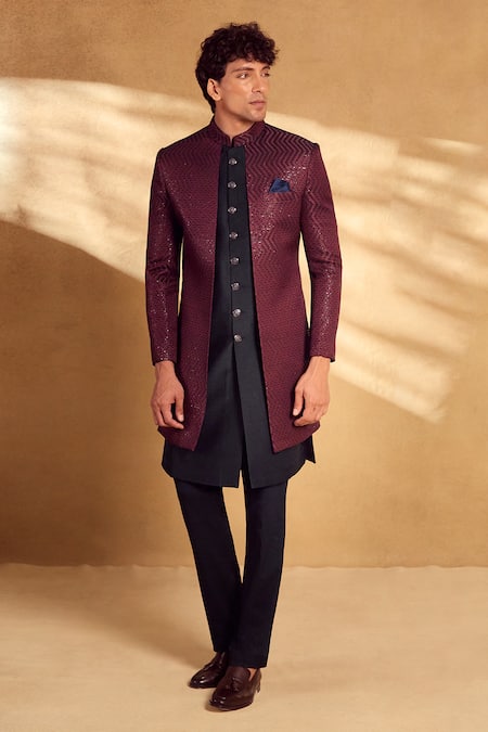 Aariyana Couture_Maroon Silk, Polyester Sequins Chevron Embroidered Sherwani With Pant_at_Aza_Fashions