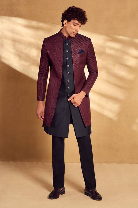 Buy_Aariyana Couture_Maroon Silk, Polyester Sequins Chevron Embroidered Sherwani With Pant