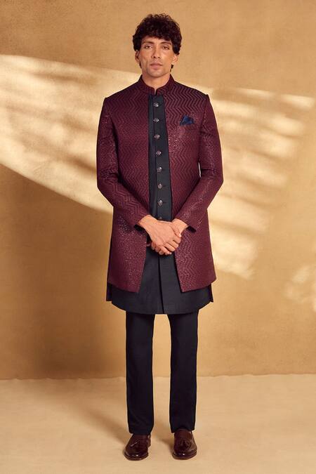 Shop_Aariyana Couture_Maroon Silk, Polyester Sequins Chevron Embroidered Sherwani With Pant