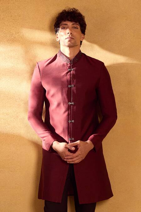 Buy_Aariyana Couture_Maroon Silk, Polyester Sequins Geometric Jacket Sherwani Set_Online_at_Aza_Fashions