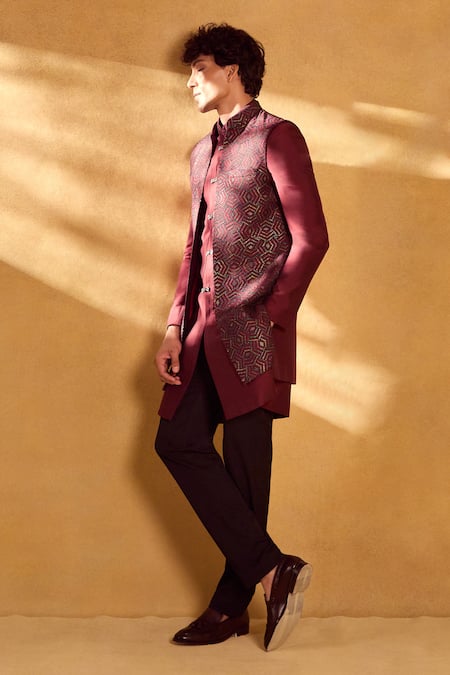 Shop_Aariyana Couture_Maroon Silk, Polyester Sequins Geometric Jacket Sherwani Set_Online_at_Aza_Fashions