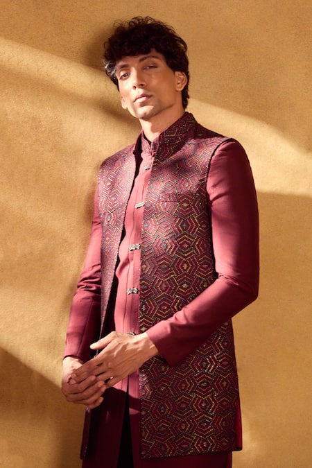 Aariyana Couture_Maroon Silk, Polyester Sequins Geometric Jacket Sherwani Set_at_Aza_Fashions