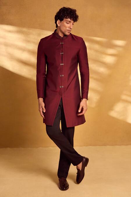 Shop_Aariyana Couture_Maroon Silk, Polyester Sequins Geometric Jacket Sherwani Set