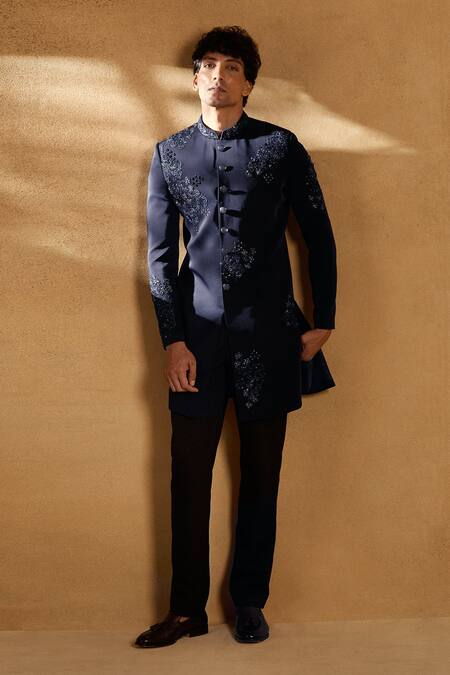 Aariyana Couture_Blue Silk Sequins, Beads Embellished Floral Sherwani With Pant _Online_at_Aza_Fashions