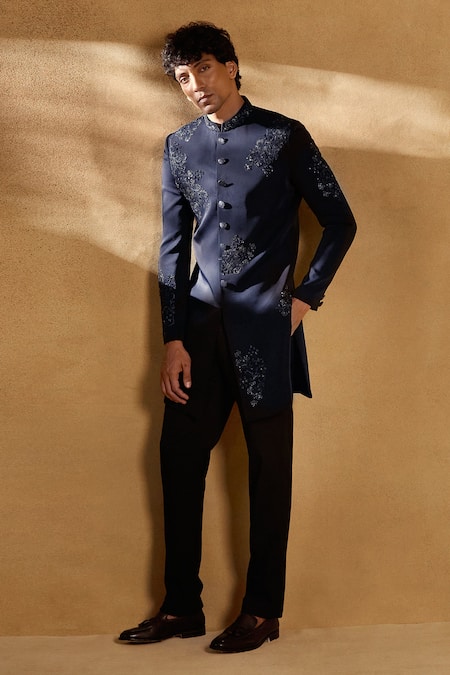 Buy_Aariyana Couture_Blue Silk Sequins, Beads Embellished Floral Sherwani With Pant _Online_at_Aza_Fashions