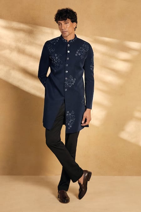 Shop_Aariyana Couture_Blue Silk Sequins, Beads Embellished Floral Sherwani With Pant _Online_at_Aza_Fashions
