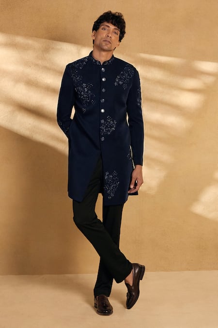 Aariyana Couture_Blue Silk Sequins, Beads Embellished Floral Sherwani With Pant _at_Aza_Fashions