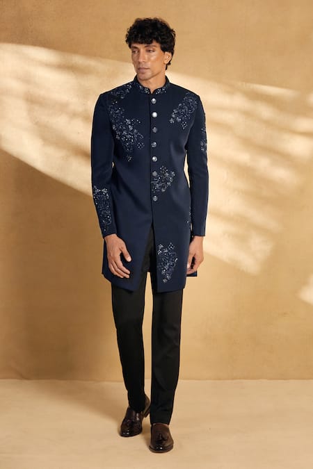 Buy_Aariyana Couture_Blue Silk Sequins, Beads Embellished Floral Sherwani With Pant 