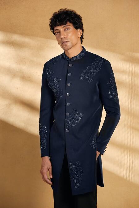Shop_Aariyana Couture_Blue Silk Sequins, Beads Embellished Floral Sherwani With Pant 