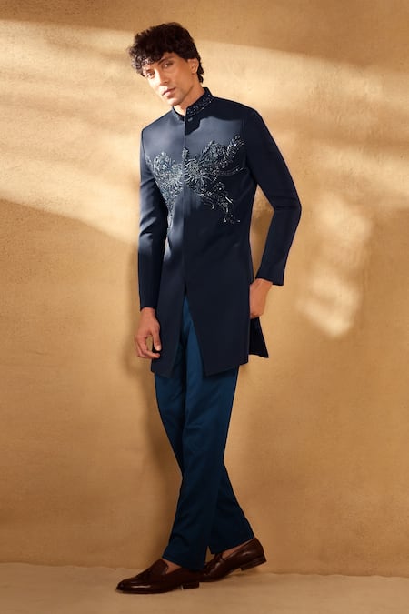 Aariyana Couture Blue , Satin Sequins, Beads, Embroidery Embellished Sherwani With Pant Online at Aza Fashions Aariyana Couture_Blue , Satin Sequins, Beads, Embroidery Embellished Sherwani With Pant_Online_at_Aza_Fashions