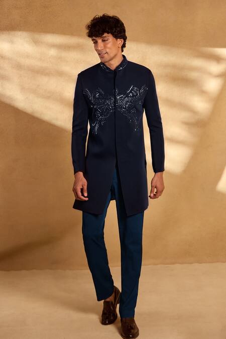 Buy Aariyana Couture Blue , Satin Sequins, Beads, Embroidery Embellished Sherwani With Pant Online at Aza Fashions Buy_Aariyana Couture_Blue , Satin Sequins, Beads, Embroidery Embellished Sherwani With Pant_Online_at_Aza_Fashions