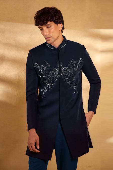 Shop Aariyana Couture Blue , Satin Sequins, Beads, Embroidery Embellished Sherwani With Pant Online at Aza Fashions Shop_Aariyana Couture_Blue , Satin Sequins, Beads, Embroidery Embellished Sherwani With Pant_Online_at_Aza_Fashions