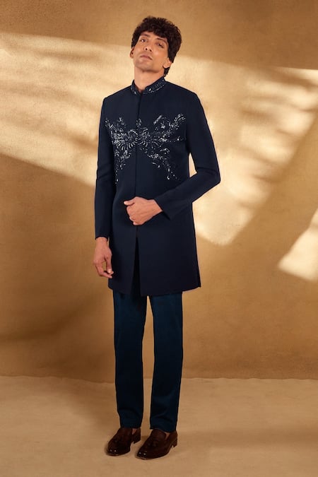 Shop Aariyana Couture Blue , Satin Sequins, Beads, Embroidery Embellished Sherwani With Pant Shop_Aariyana Couture_Blue , Satin Sequins, Beads, Embroidery Embellished Sherwani With Pant