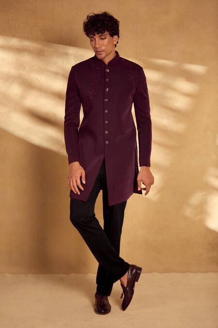 Aariyana Couture Maroon , Satin Beads, Sequins Geometric Embellished Sherwani With Pant Online at Aza Fashions Aariyana Couture_Maroon , Satin Beads, Sequins Geometric Embellished Sherwani With Pant_Online_at_Aza_Fashions