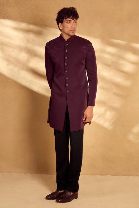 Buy Aariyana Couture Maroon , Satin Beads, Sequins Geometric Embellished Sherwani With Pant Online at Aza Fashions Buy_Aariyana Couture_Maroon , Satin Beads, Sequins Geometric Embellished Sherwani With Pant_Online_at_Aza_Fashions