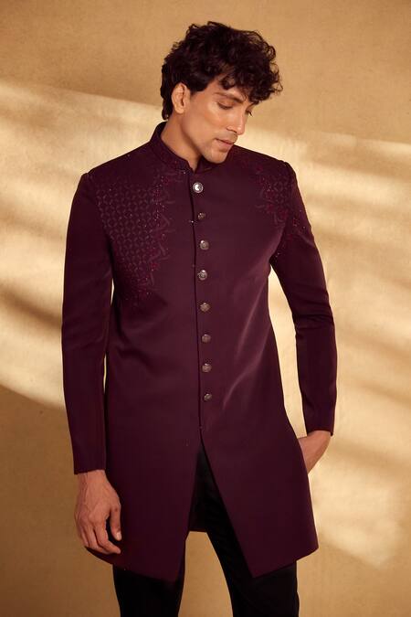 Aariyana Couture Maroon , Satin Beads, Sequins Geometric Embellished Sherwani With Pant at Aza Fashions Aariyana Couture_Maroon , Satin Beads, Sequins Geometric Embellished Sherwani With Pant_at_Aza_Fashions