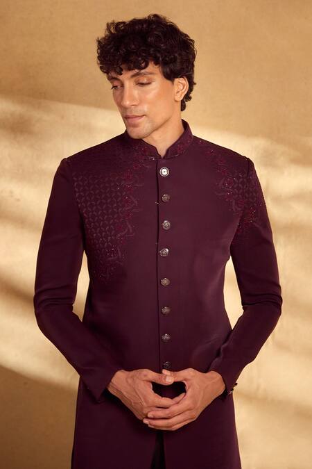 Buy Aariyana Couture Maroon , Satin Beads, Sequins Geometric Embellished Sherwani With Pant Buy_Aariyana Couture_Maroon , Satin Beads, Sequins Geometric Embellished Sherwani With Pant