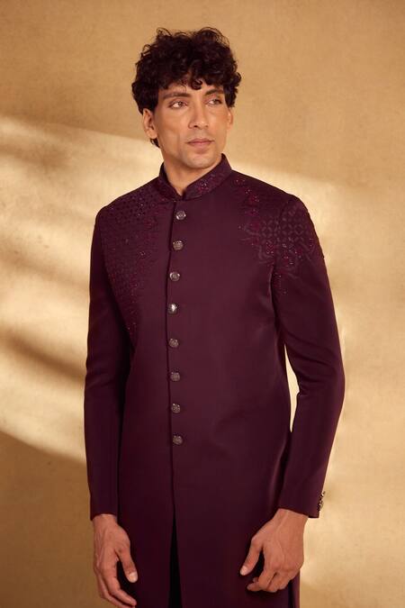 Shop Aariyana Couture Maroon , Satin Beads, Sequins Geometric Embellished Sherwani With Pant Shop_Aariyana Couture_Maroon , Satin Beads, Sequins Geometric Embellished Sherwani With Pant