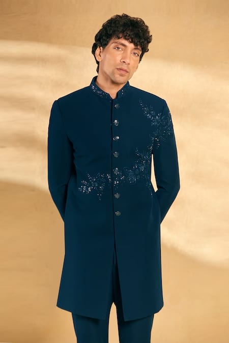 Buy_Aariyana Couture_Blue Silk Sequins, Beads Threadwork Floral Sherwani With Pant _Online_at_Aza_Fashions