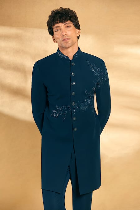 Shop_Aariyana Couture_Blue Silk Sequins, Beads Threadwork Floral Sherwani With Pant _Online_at_Aza_Fashions
